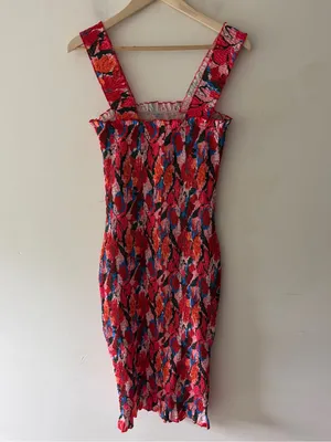 SNDYS Revolve Red Floral Smocked Midi Dress Bodycon Square Neck Ruffle thumbnail 5