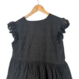 Black Eyelet Babydoll Embroidered Floral Mini Dress Size M Empire Waist Folk thumbnail 11