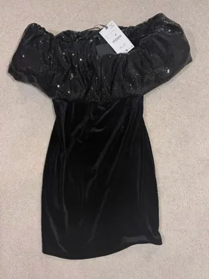 Zara Off-Shoulder Black Mini Dress with Sequin Trim thumbnail 6