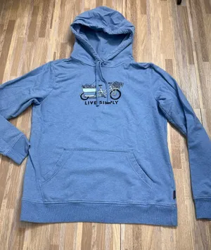 Patagonia Blue 'Live Simply' Pullover Hoodie with Bicycle Graphic Women’s Large thumbnail 1