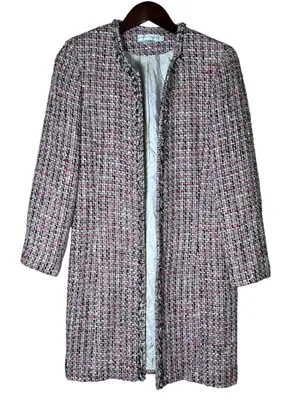 VTG Garfield & Marks Pink Tweed Coco Jacket Longline Open Front Fringe Sz 4 USA thumbnail 1