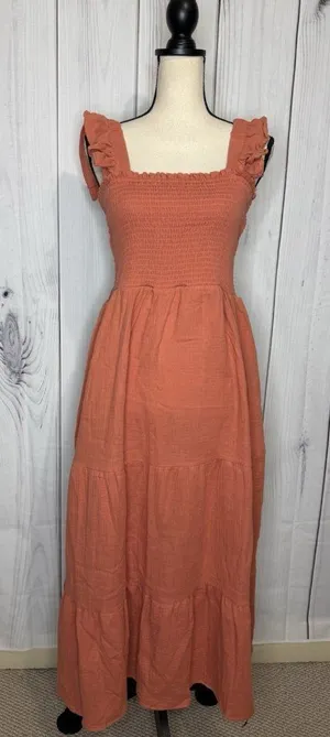 New In Maxi Dress Sz L Light Rust Red Open Back Ladder Strap Smocked Front NWT thumbnail 1