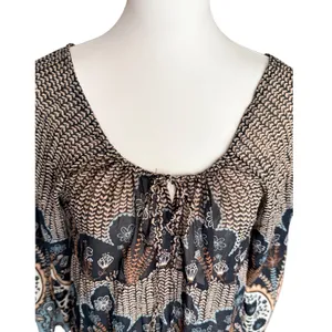 Boho Mixed Paisley Floral Print Ruffle Hem Tunic Top Black Blue Tan Tie Neck‎ thumbnail 4