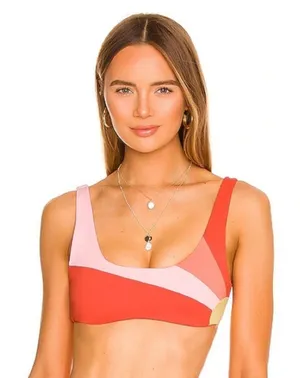 L*Space Colorblock Scoop Neck Bikini Top Red Pink Coral Retro Sporty Size M thumbnail 1