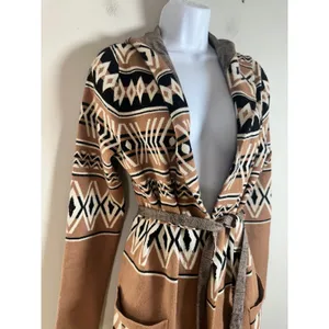 Rachel Zoe Womens Aztec Hooded Belted Cardigan‎ Sweater Brown Geometric Small thumbnail 4
