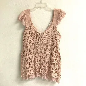 Baby pink BoHo fairycore‎ coquette crochet floral lace tank sweater women’s L￼ thumbnail 7