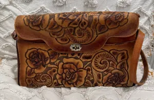 Vintage Beautiful Floral Hand Tooled Leather Bag- Made in Mexico thumbnail 1