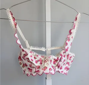 For Love & Lemons White Pink Rose Print Scalloped Underwire Bralette XS thumbnail 1