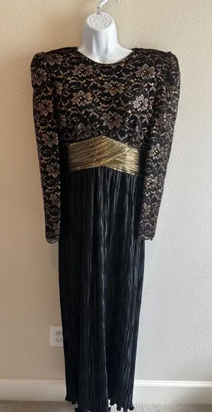 Ricki Lang‎ for Steven Stoll Gown Size 12 Black Gold Metallic Lace Pleated Maxi thumbnail 1