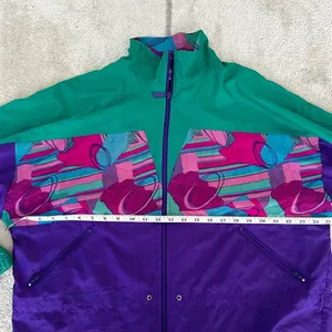 Vinatge 90s Reebok Windbreaker Cinch Waist Full Zip Green/Purple Abstract Design thumbnail 7