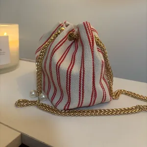 Striped Red and White Linen Bucket Bag thumbnail 5