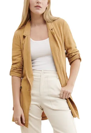 Free People Medium Jacket Charly‎ Blazer Beige Tan Linen Button Cinched 1090 thumbnail 1