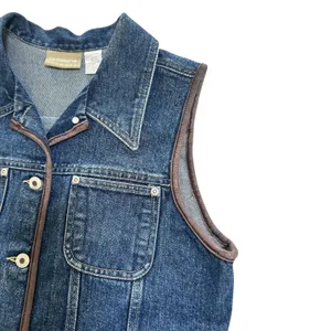 Vintage 90s Liz Claiborne Blue Denim Vest Leather Trimmed M Grunge Preppy Boho thumbnail 3