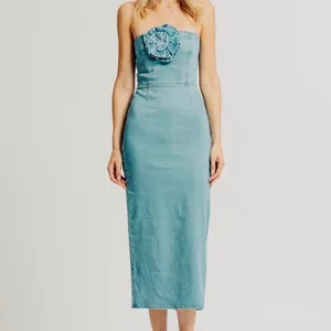 NWT Torn by‎ Ronny Kobo Renee Strapless Denim Midi Dress in Medium Blue Small thumbnail 10