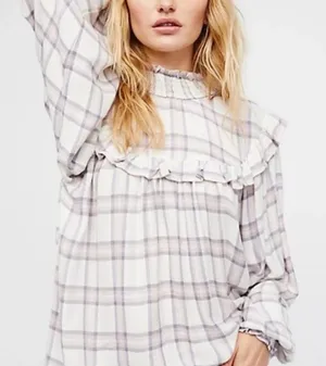 Free People Charlie Plaid Ruffle Blouse Top Women’s Medium thumbnail 1