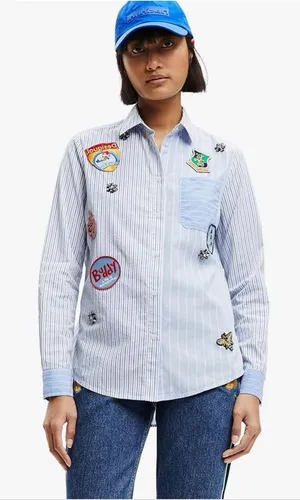 Desigual Lian shirt button down patches rhinestones blue white stripes sz S thumbnail 1