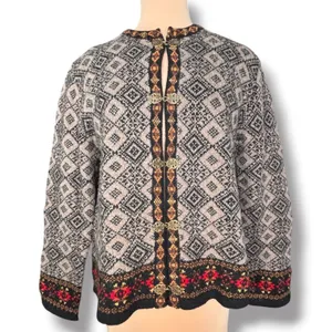 Susan Bristol Wool Fair Isle Nordic Cardigan Sweater Metal Clasp Grey Vintage thumbnail 7