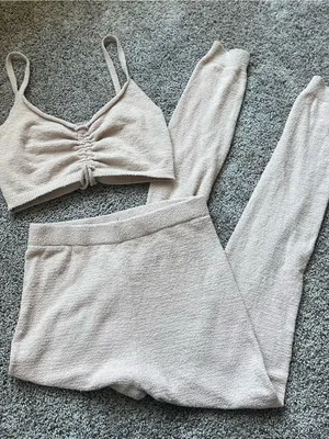 Tic Toc Ruched Knit Two-Piece Loungewear Set in Light Beige thumbnail 3