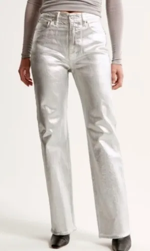 Abercrombie‎ & Fitch Curve Love 90s Relaxed High Rise Metallic Silver Jeans 14L thumbnail 1