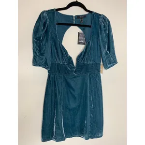 Forever 21 Velour Open Back Mini Dress Sz Medium Teal Boho Glam Cocktail thumbnail 5