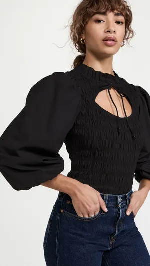 Love The Label Anthropologie Black Smocked Puff Sleeve Blouse Sz.S NWT thumbnail 1