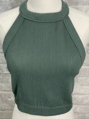 aerie Ribbed Halter Crop Top in Green thumbnail 1