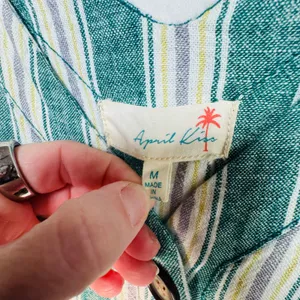 April Kiss Striped Linen Blend Dress Women's M Green Button Cottagecore Beachy‎ thumbnail 3