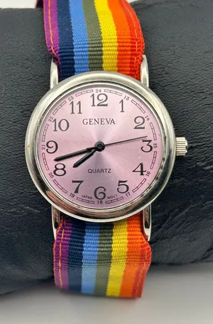 Geneva Silver Multicolored Cloth Band Women’s Watch Working New Battery thumbnail 1