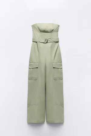 ZARA jumpsuit technical fabric cargo sleeveless wide streight leg light khaki thumbnail 9