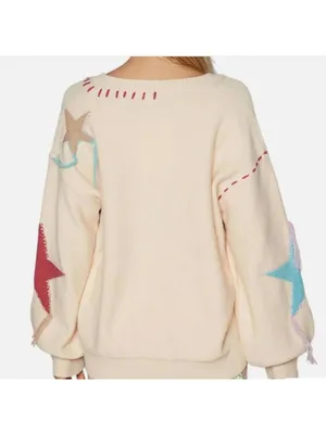 POL Patchwork Star Sweater - Beige V Neck Thick Knit Size Medium thumbnail 3