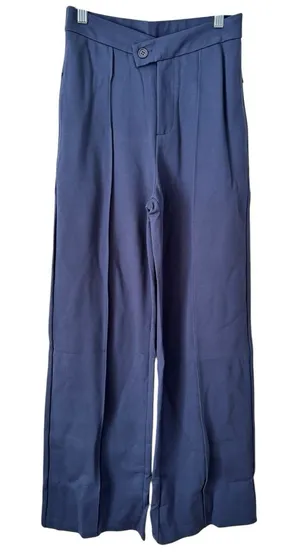 NWT Halara Navy Blue Pleated Wide Leg Asymmetrical Button Ponte Knit Pants Small thumbnail 1