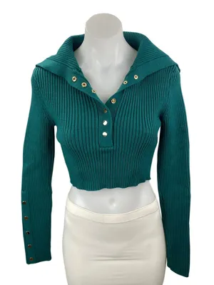 Zara Women's Teal Blue Ribbed Knit Long Sleeve Henley Sweater Crop Top Size S thumbnail 1