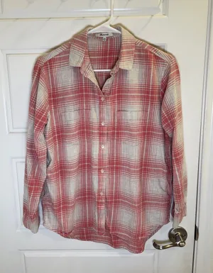 Madewell Plaid Flannel Button Down Shirt Pink Cream Cotton XXS thumbnail 1