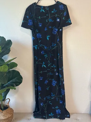 Expressions Black Maxi Dress with Blue Floral Print and tie back waist thumbnail 4