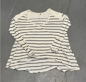Free People We The Free Striped Thermal V-Neck Top Cream Black XS Waffle Knit thumbnail 1