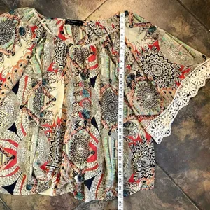 By Together Sheer Pull On Multicolor Blouse Lace Sleeve Trim Size Large thumbnail 3