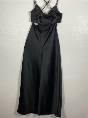 Hello Molly Black Satin Spaghetti-Strap Cutout Maxi Dress with Silver Trim SZ 4 thumbnail 8