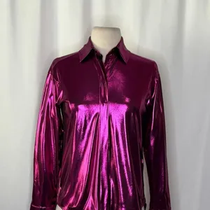 By ANTHROPOLOGIE Magenta Pink Shimmer Shine Lamé Buttondown‎ Top Blouse X-Small thumbnail 3