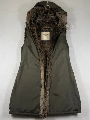 Abercrombie & Fitch Womens Hooded Puffer Vest Liner Olive Green Faux Fur Medium thumbnail 1