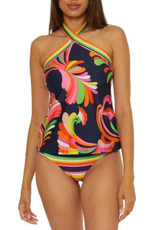 Trina Turk Womens 8 Anniversary Stripe Reversible High Neck Tankini Swimsuit Top thumbnail 1