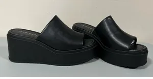 Steve Madden Black ‘Wiindy’ Leather Peep-Toe Open-Toe Chunky Platform Slides Heels Sandals Shoes Size 9 🥀 thumbnail 4
