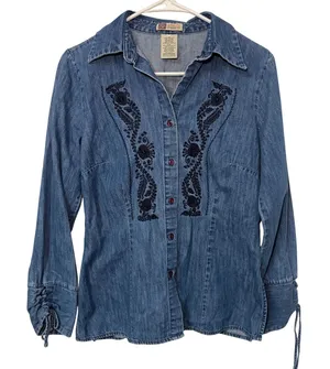 VTG Faded Glory Denim Embroidered Top Womens Small Blue Corset Back Boho Western thumbnail 1