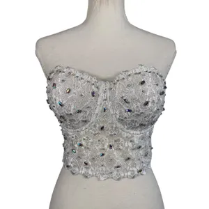 White Lace Bustier Crop Top Womens M Beaded Rhinestone Corset Cami Y2K Bridal thumbnail 3
