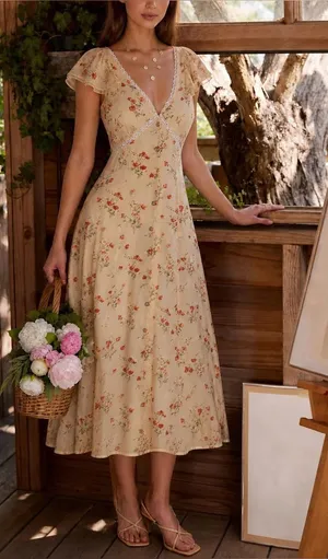 Rihoas Yellow Butterfly Sleeve Tie Floral Midi Dress thumbnail 1