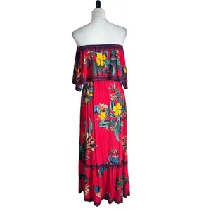 Flying Tomato Tropical Print Off The Shoulder Red Maxi Dress Womens XS Flowy Beach Vacation thumbnail 7