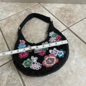 Studio 12 Black Beaded Floral Hobo Shoulder Bag Crescent Y2K Small Purse thumbnail 10