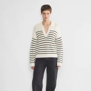 Aritzia Wilfred Clara Merino Wool Polo‎ Sweater Cream Stripe Size Medium thumbnail 8