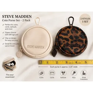 Set Of 2 Steve Madden Round Coin Keychain Purse 4×4 Clip On Leopard And Ivory thumbnail 2