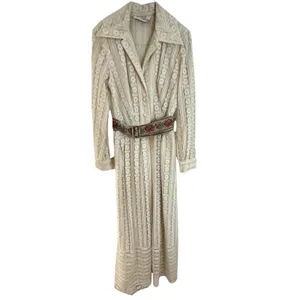 Vtg 70s John California Button Down Lace Dress Maxi Womens Cream Boho Collared thumbnail 12
