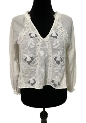 Free People Sivan Embroidered Blouse Ivory Small Boho Lace Crinkle Gauze Peasant thumbnail 1